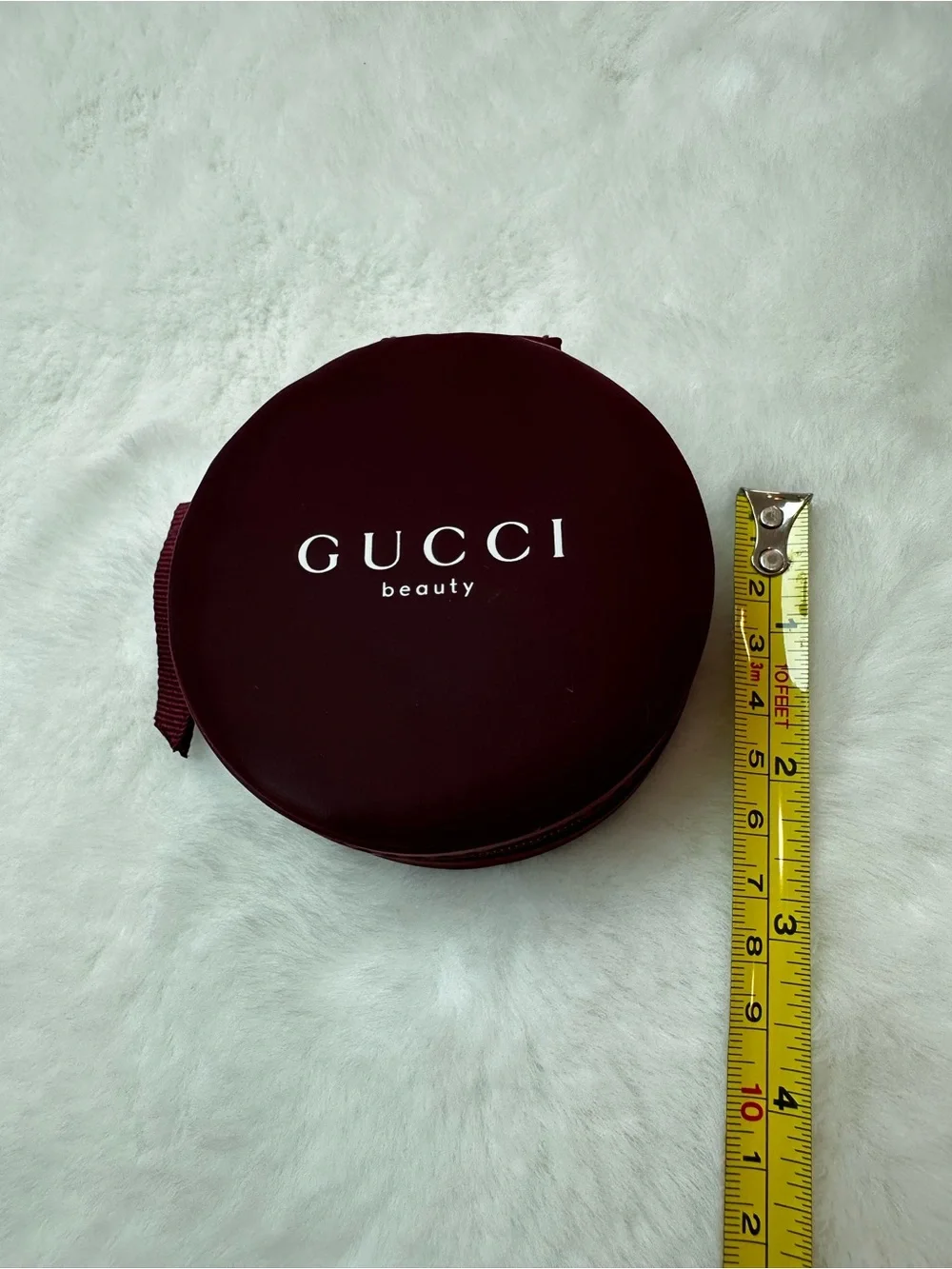 Gucci Burgundy Round Cosmetic Case with Green Gucci Gift Bag